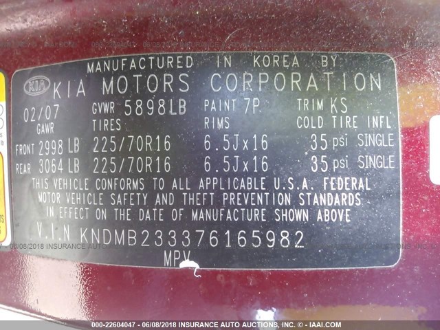 KNDMB233376165982 - 2007 KIA SEDONA EX/LX RED photo 9