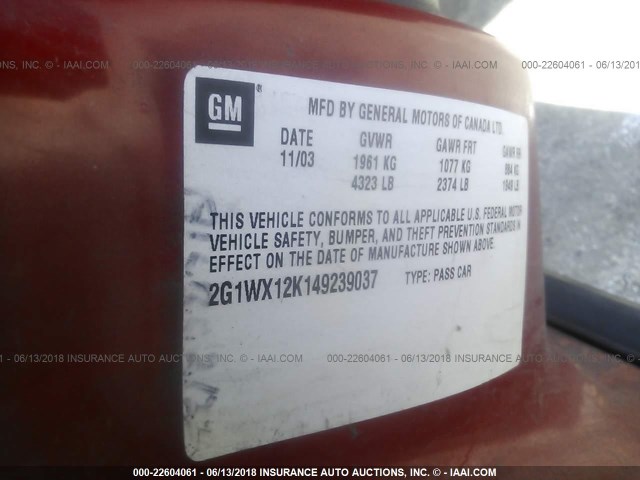 2G1WX12K149239037 - 2004 CHEVROLET MONTE CARLO SS წითელი ფოტო 9