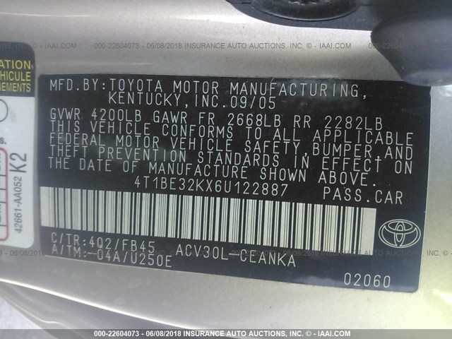 4T1BE32KX6U122887 - 2006 TOYOTA CAMRY LE/XLE/SE ოქროსფერი ფოტო 9