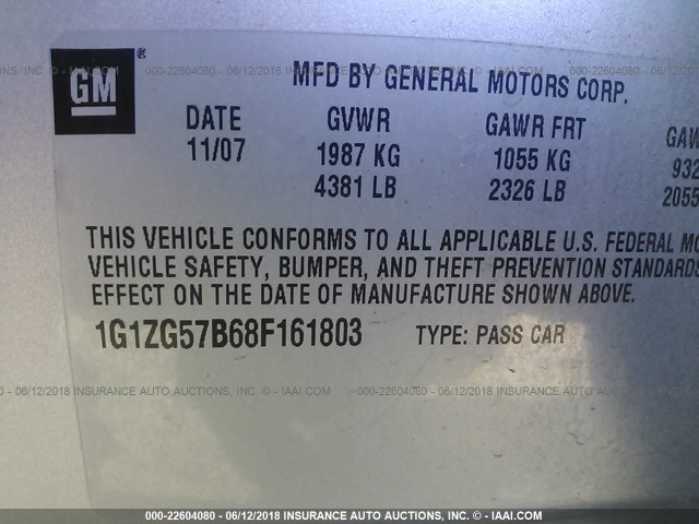 1G1ZG57B68F161803 - 2008 CHEVROLET MALIBU LS SILVER photo 9