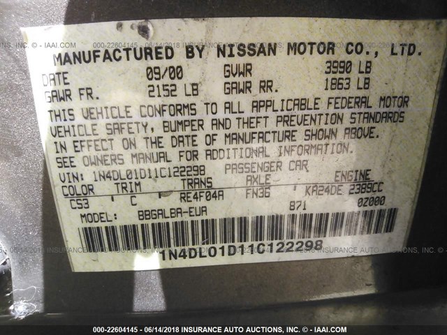 1N4DL01D11C122298 - 2001 NISSAN ALTIMA XE/GXE/SE Champagne photo 9