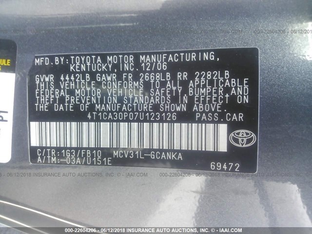 4T1CA30P07U123126 - 2007 TOYOTA CAMRY SOLARA SE/SLE ნაცრისფერი ფოტო 9