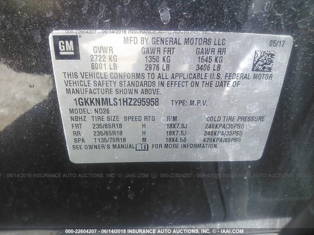 1GKKNMLS1HZ295958 - 2017 GMC ACADIA SLT-1 Szary zdjęcie 9