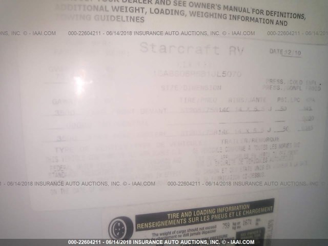 1SABS0BR6B1JL5070 - 2011 STARCRAFT TRAVEL TRAILER  WHITE photo 9
