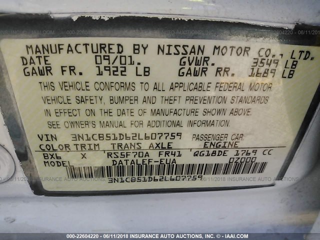 3N1CB51D62L607759 - 2002 NISSAN SENTRA XE/GXE WHITE photo 9