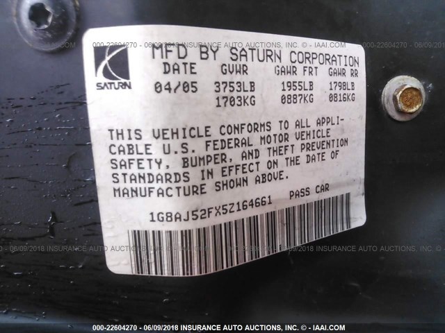 1G8AJ52FX5Z164661 - 2005 SATURN ION LEVEL 2 GRAY photo 9