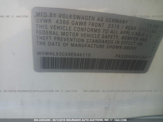 WVWHL93CX9E546115 - 2009 VOLKSWAGEN CC LUXURY 白色 照片 9