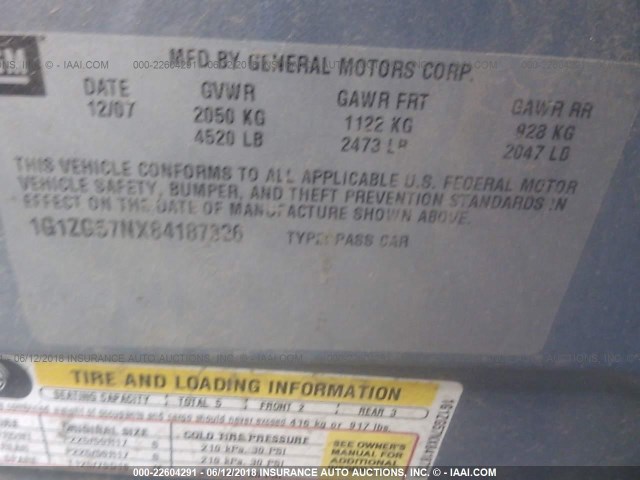 1G1ZG57NX84187326 - 2008 CHEVROLET MALIBU LS Açıq mavi foto 9