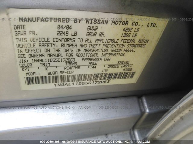 1N4AL11D55C172863 - 2005 NISSAN ALTIMA S/SL SILVER photo 9