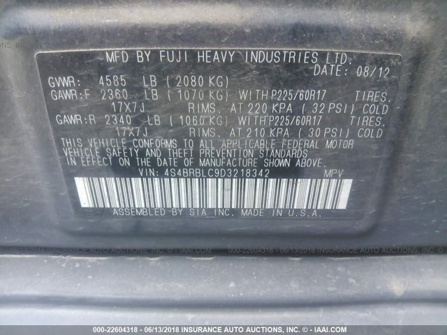 4S4BRBLC9D3218342 - 2013 SUBARU OUTBACK 2.5I LIMITED GRAY photo 9