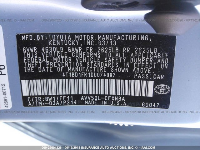 4T1BD1FK1DU074887 - 2013 TOYOTA CAMRY HYBRID/LE/XLE 浅蓝色 照片 9