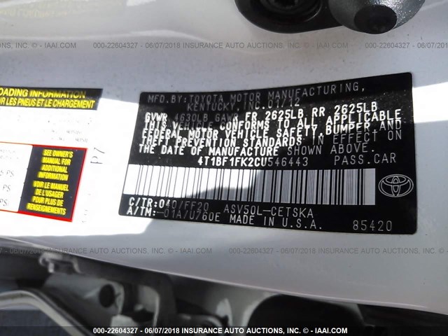 4T1BF1FK2CU546443 - 2012 TOYOTA CAMRY SE/LE/XLE WHITE photo 9