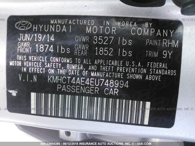 KMHCT4AE4EU748994 - 2014 HYUNDAI ACCENT GLS/GS SILVER photo 9