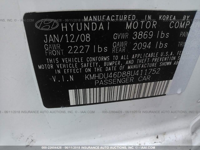 KMHDU46D88U411752 - 2008 HYUNDAI ELANTRA GLS/SE/LIMITED WHITE photo 9