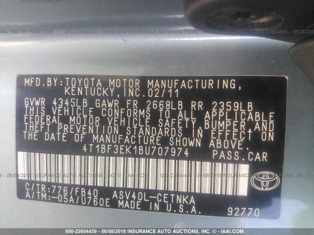 4T1BF3EK1BU707974 - 2011 TOYOTA CAMRY SE/LE/XLE TURQUOISE photo 9