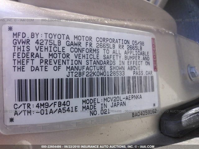 JT2BF22K0W0128533 - 1998 TOYOTA CAMRY CE/LE/XLE 棕色 照片 9