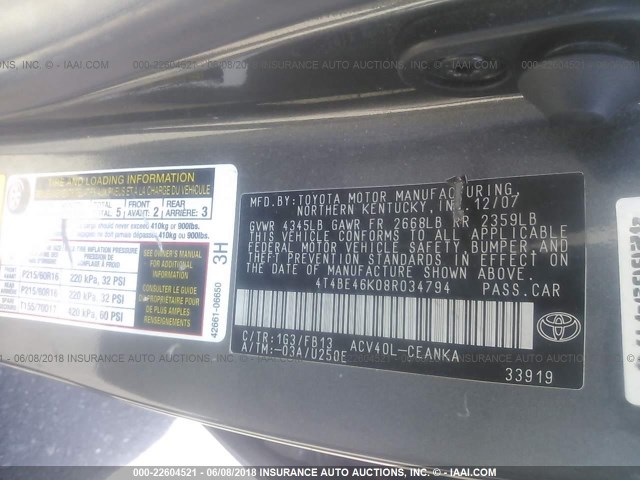 4T4BE46K08R034794 - 2008 TOYOTA CAMRY CE/LE/XLE/SE GRAY photo 9