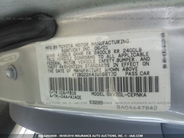 4T1BG22K41U868720 - 2001 TOYOTA CAMRY CE/LE/XLE 银色 照片 9