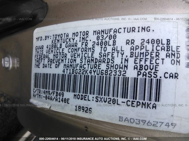 4T1BG22K4YU682332 - 2000 TOYOTA CAMRY CE/LE/XLE ოქროსფერი ფოტო 9