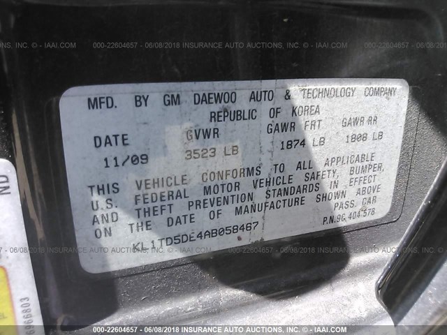 KL1TD5DE4AB058467 - 2010 CHEVROLET AVEO LS/LT 黑色 照片 9