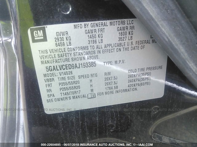 5GALVCED9AJ193385 - 2010 BUICK ENCLAVE CXL 黑色 照片 9