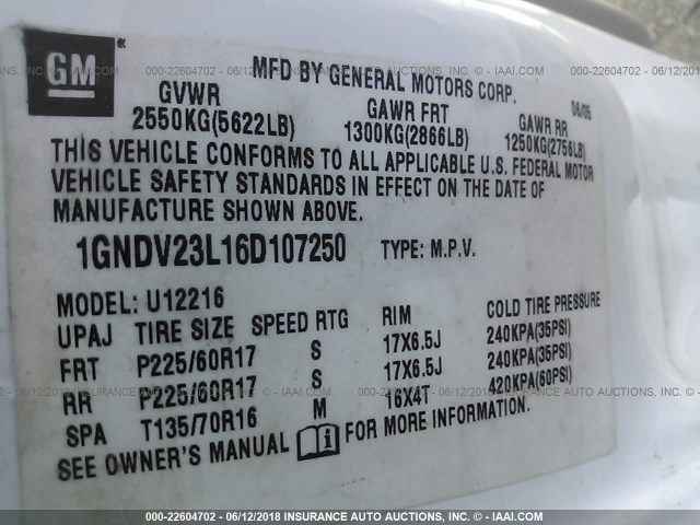 1GNDV23L16D107250 - 2006 CHEVROLET UPLANDER LS WHITE photo 9