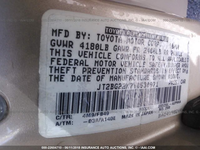 JT2BG22K7Y0530971 - 2000 TOYOTA CAMRY CE/LE/XLE TAN photo 9