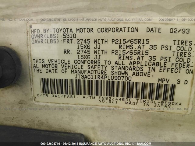 JT3AC11R4P1090700 - 1993 TOYOTA PREVIA DX WHITE photo 9