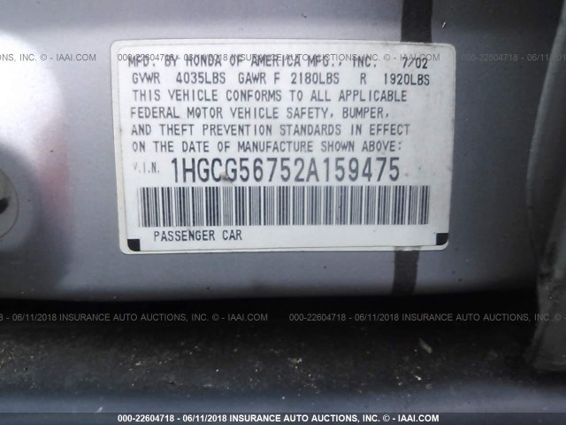 1HGCG56752A159475 - 2002 HONDA ACCORD SE SILVER photo 9