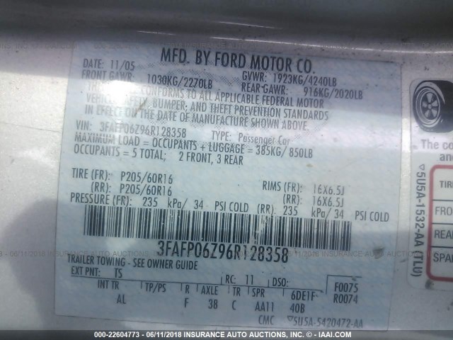 3FAFP06Z96R128358 - 2006 FORD FUSION S SILVER photo 9
