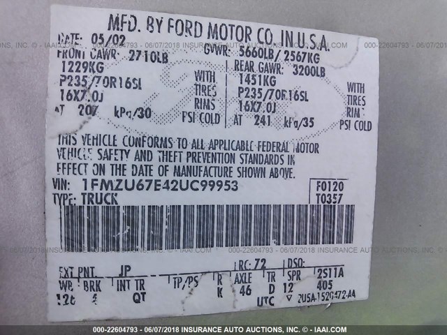 1FMZU67E42UC99953 - 2002 FORD EXPLORER SPORT TRAC  SILVER photo 9