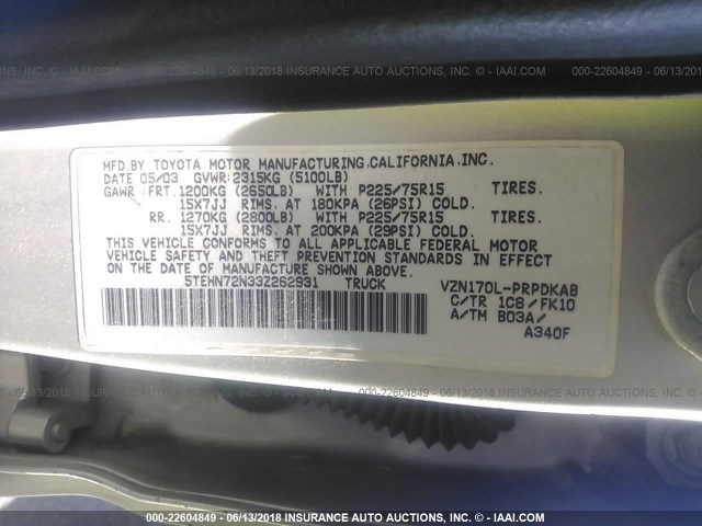 5TEHN72N33Z262931 - 2003 TOYOTA TACOMA DOUBLE CAB ვერცხლისფერი ფოტო 9