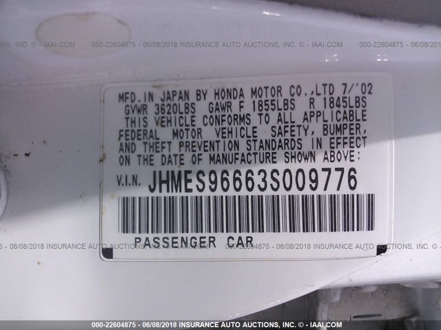 JHMES96663S009776 - 2003 HONDA CIVIC HYBRID WHITE photo 9