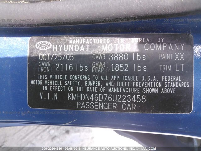 KMHDN46D76U223458 - 2006 HYUNDAI ELANTRA GLS/GT/LIMITED BLUE photo 9