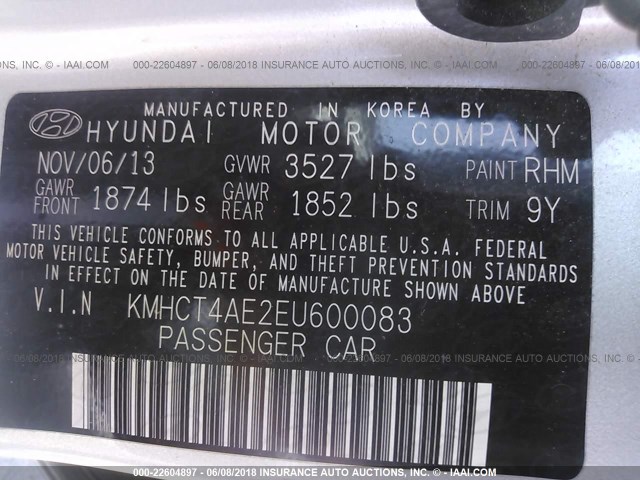 KMHCT4AE2EU600083 - 2014 HYUNDAI ACCENT GLS/GS SILVER photo 9