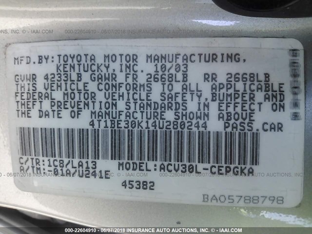 4T1BE30K14U280244 - 2004 TOYOTA CAMRY LE/XLE/SE ვერცხლისფერი ფოტო 9