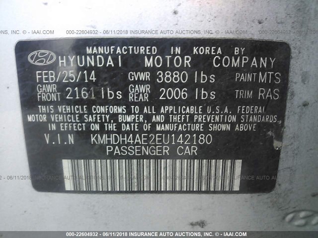 KMHDH4AE2EU142180 - 2014 HYUNDAI ELANTRA SE/SPORT/LIMITED SILVER photo 9