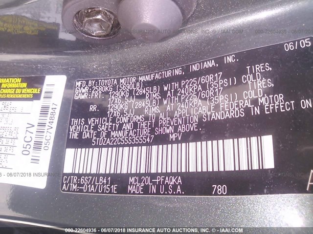 5TDZA22C55S355547 - 2005 TOYOTA SIENNA XLE/XLE LIMITED GREEN photo 9