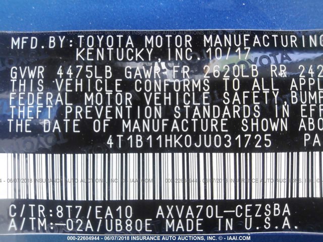 4T1B11HK0JU031725 - 2018 TOYOTA CAMRY L/LE/XLE/SE/XSE BLUE photo 9