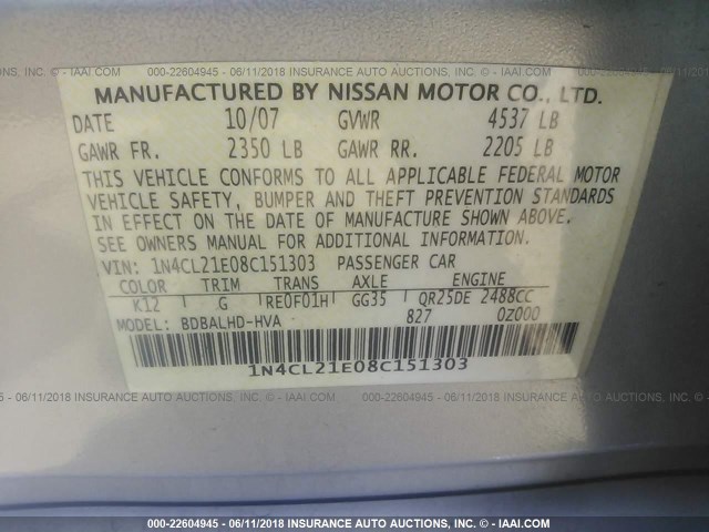 1N4CL21E08C151303 - 2008 NISSAN ALTIMA HYBRID SILVER photo 9