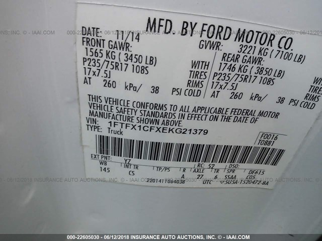 1FTFX1CFXEKG21379 - 2014 FORD F150 SUPER CAB WHITE photo 9