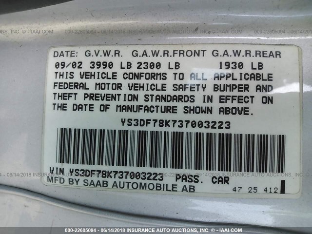 YS3DF78K737003223 - 2003 SAAB 9-3 SE SILVER photo 9