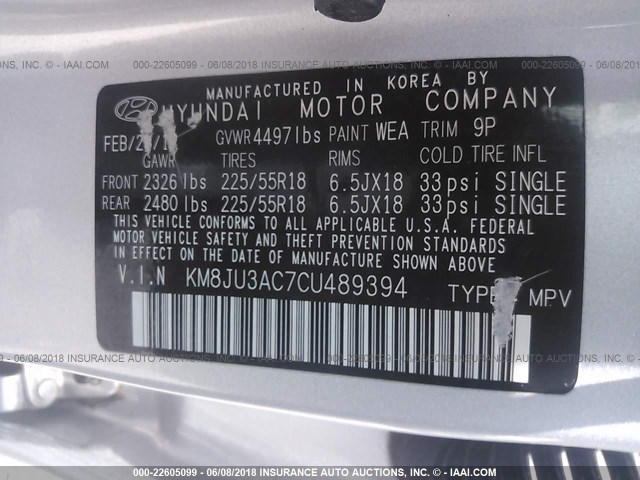 KM8JU3AC7CU489394 - 2012 HYUNDAI TUCSON GLS/LIMITED SILVER photo 9