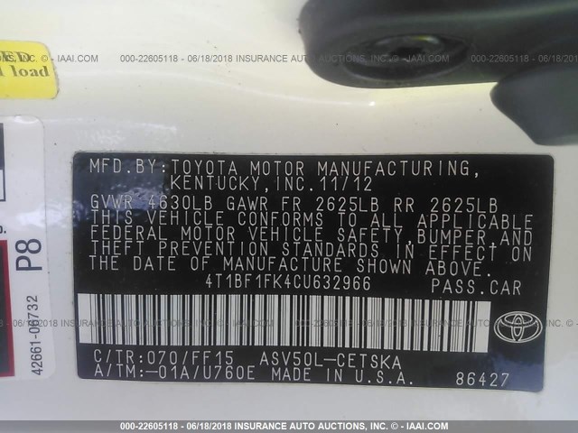4T1BF1FK4CU632966 - 2012 TOYOTA CAMRY SE/LE/XLE WHITE photo 9