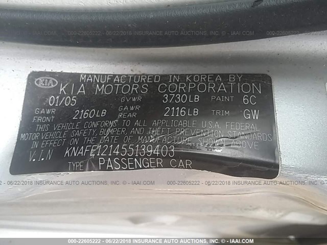 KNAFE121455139403 - 2005 KIA NEW SPECTRA LX/EX SILVER photo 9