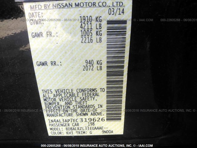 1N4AL3AP7EC319626 - 2014 NISSAN ALTIMA 2.5/S/SV/SL 黑色 照片 9