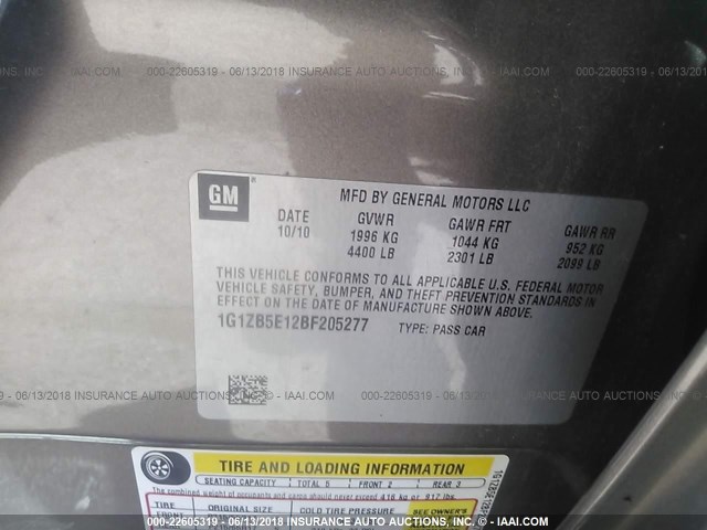 1G1ZB5E12BF205277 - 2011 CHEVROLET MALIBU LS BROWN photo 9