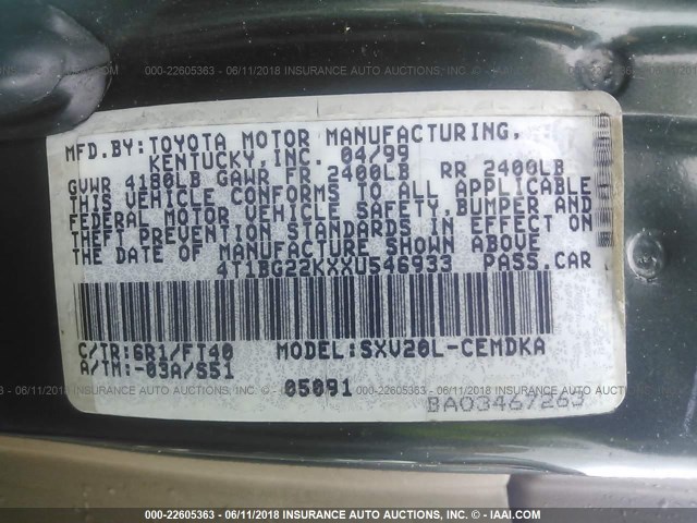 4T1BG22KXXU546933 - 1999 TOYOTA CAMRY CE/LE/XLE მწვანე ფოტო 9