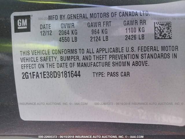 2G1FA1E38D9181644 - 2013 CHEVROLET CAMARO LS ნაცრისფერი ფოტო 9