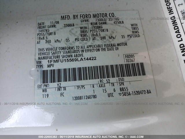 1FMFU15569LA14422 - 2009 FORD EXPEDITION XLT 白色 照片 9